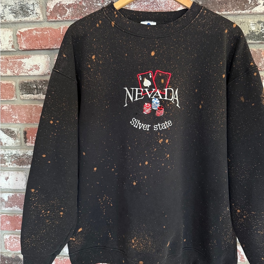 Vintage Nevada Silver State Casino Embroidery Bleach Spray Tiedye Crewneck
